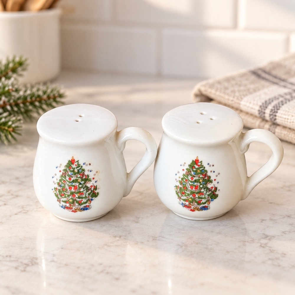 Vintage Christmas Tree Ceramic Salt and Pepper Shaker Set Mini Mug Shape White